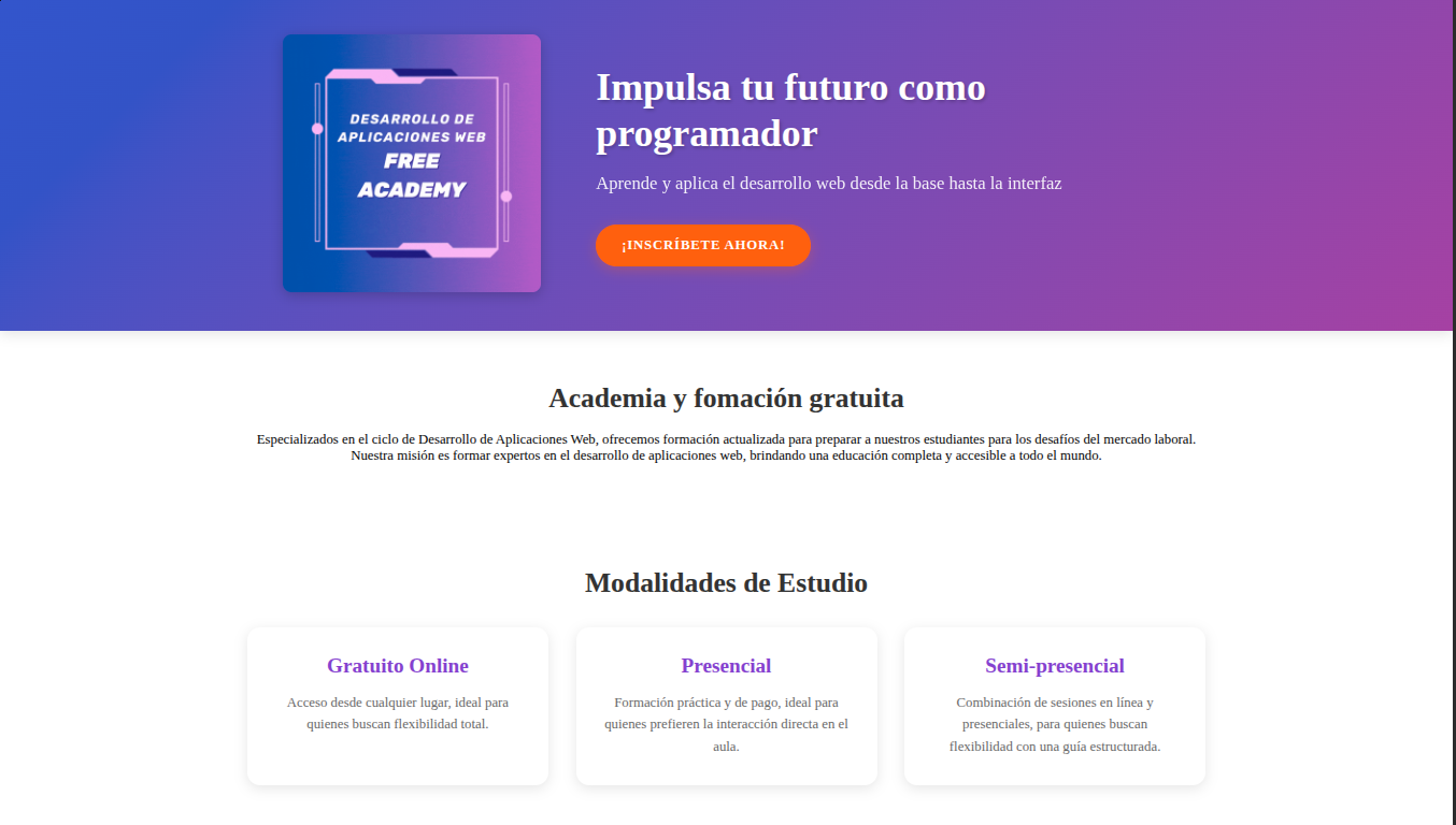 Captura de pantalla del header de la aplicación Academia